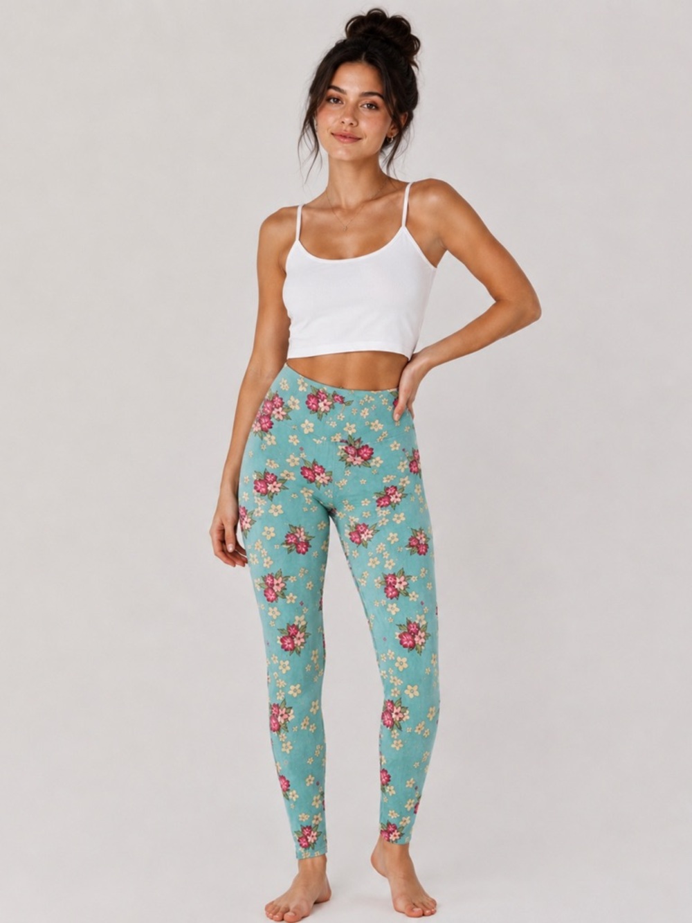 LuLaRoe Floral Leggings OS Blue Pink Cream Stretch‎ Y2K Soft Girl Coquette